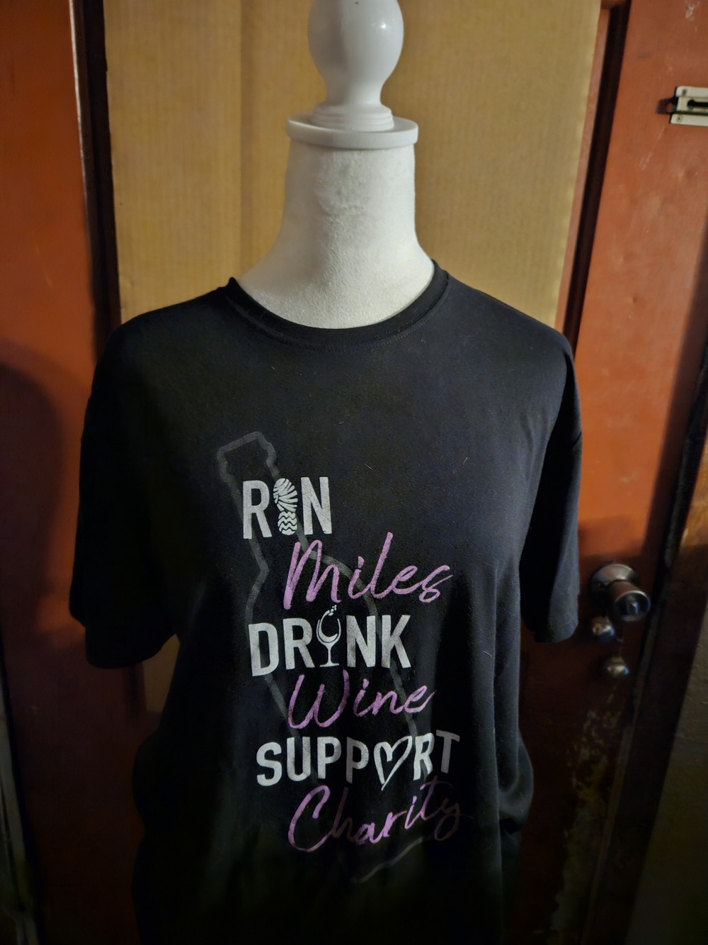 Run Miles Drink Wine Support Charity Graphic Tee - Black with Pink & White Print
